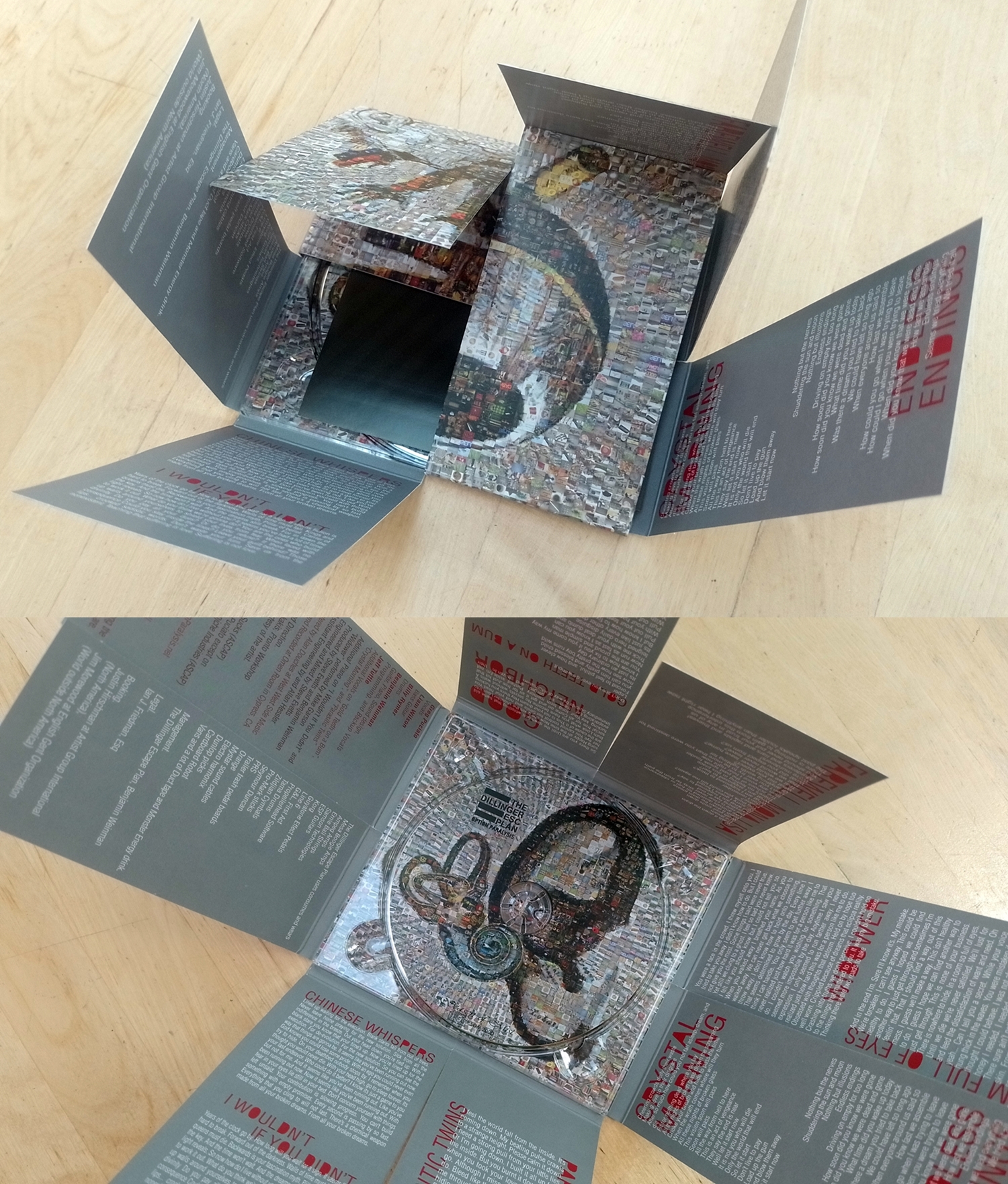 two photos of a CD copy of Option Paralysis by The Dillinger Escape Plan, showing the digipack folding open like a flower