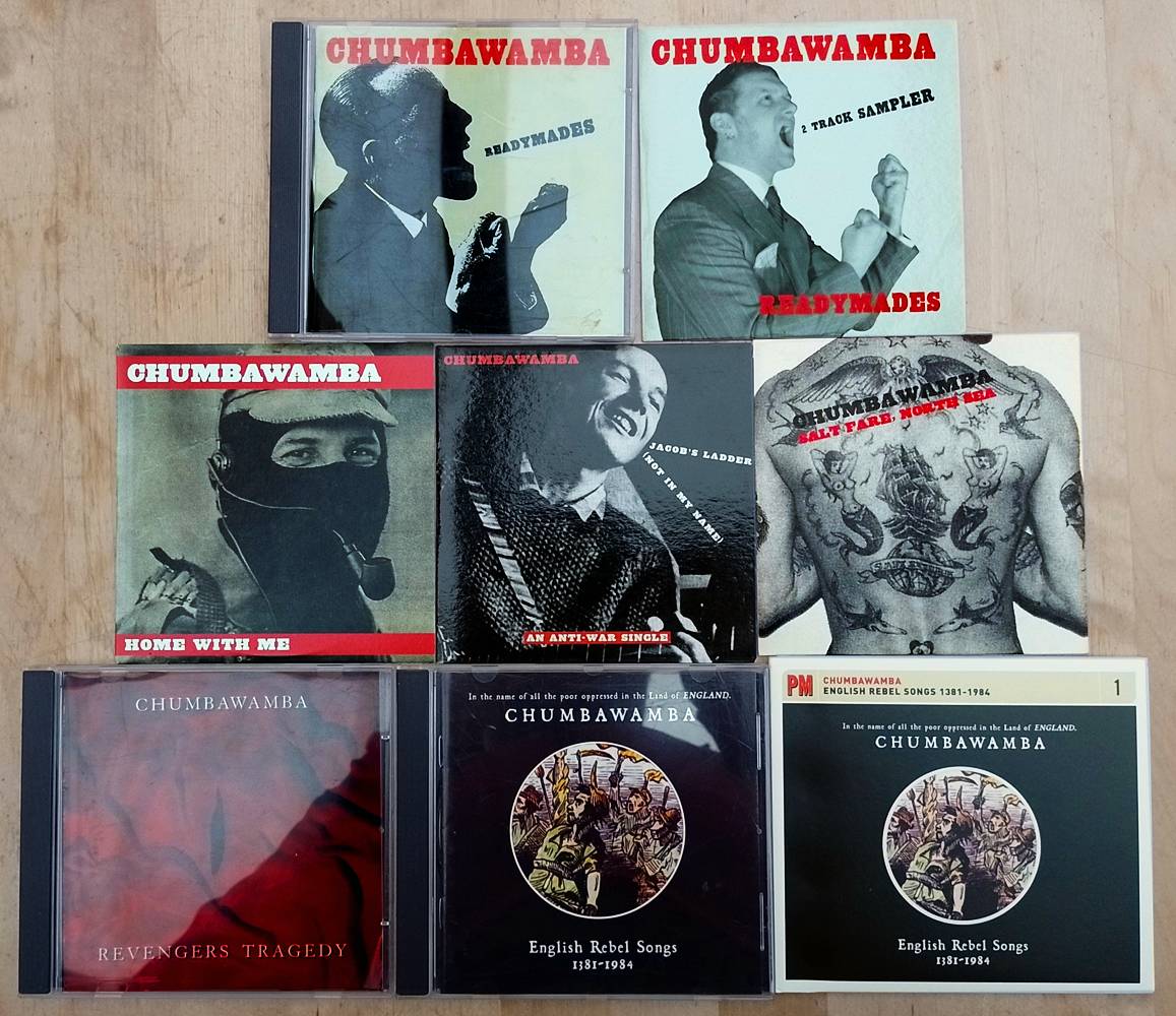 8 CDs by Chumbawamba: Readymades, Readymades 2 track sampler, Home With Me, Jacob's Ladder (Not in My Name), Salt Fare North Sea, Revenger's Tragedy, English Rebel Songs 1381-1984 Mutt Records version, English Rebel Songs 1381-1984 PM Press version