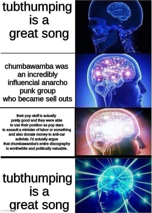 The galaxy brain meme template, displaying different levels of enlightenment. The first level says 'tubthumping is a great song'. The second level says 'chumbawamba was an incredibly influential anarcho punk group who became sell outs'. The third level says 'their pop stuff is actually pretty good and they were able to use their position as pop szars to assault a minister of labor or something and also donate money to anti-car activists. i'd actually argue that chumbawamba's entire discography is worthwhile and politically valuable'. The fourth layer says 'tubthumping is a great song'.