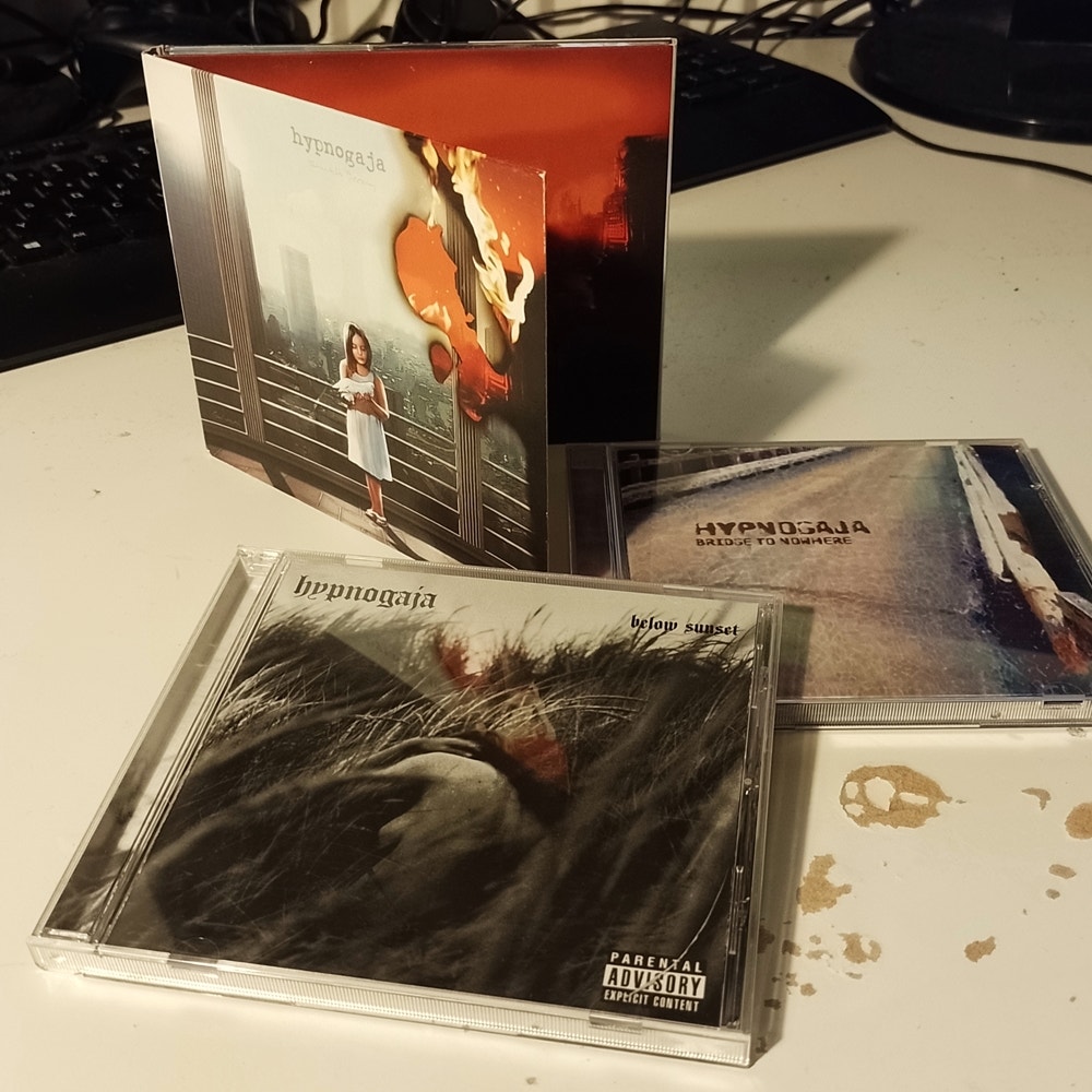 3 CDs by the band Hypnogaja. Bridge to Nowhere and Below Sunset in jewel cases lying on the table, and Truth Decay in a digi pack, half open, standing up