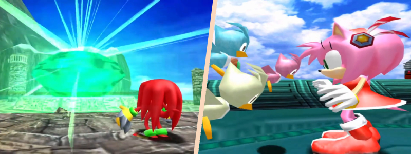 two screenshots from Sonic Adventure DX showing the final scenes of Knuckles' and Amy's stories