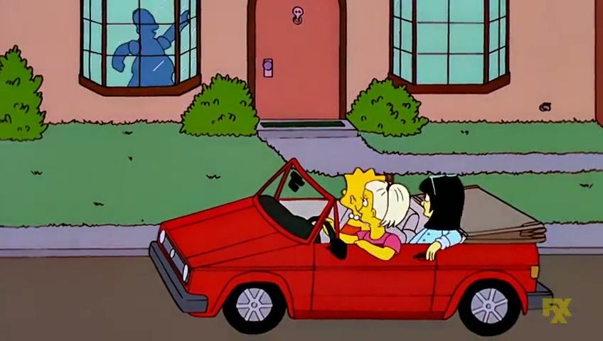 Lisa sitting in a red convertible with her two college friends looking at their house, through the window of which Homer's silhouette can be seen dancing around