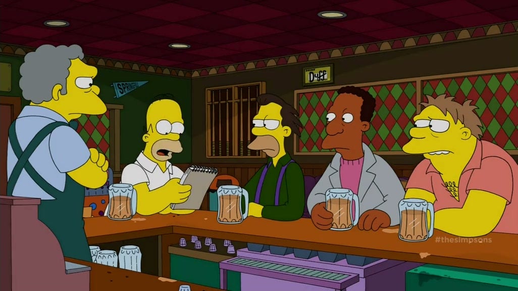 Homer sitting at the bar with Moe, Lenny, Carl and Barney. He is reading off a notepad